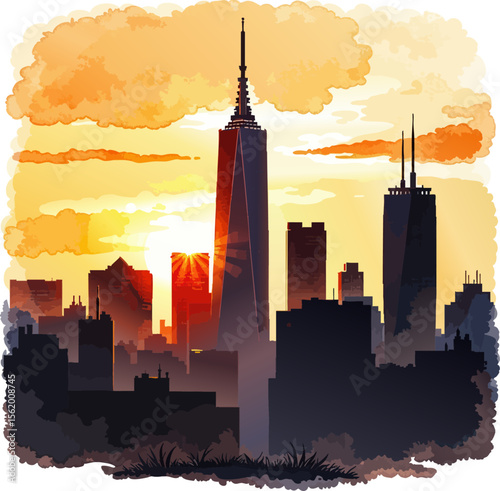 a picture of a city with a sunset in the background