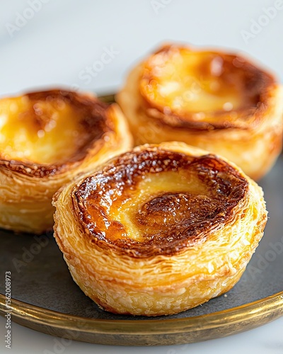 Portuguese egg tart with golden flaky crust, trio of custard tarts in soft natural light, ideal Portuguese egg tart for bakery branding, dessert magazine, and food editorial presentation