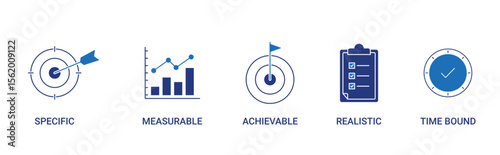 SMART icon set with specific, measurable, achievable, realistic, time bound icon vector concept illustration