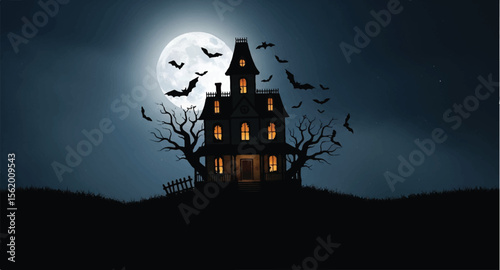 Haunted house silhouette with moon and bats for Halloween