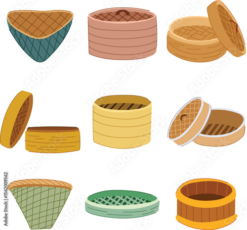 bamboo steamer basket set cartoon vector illustration