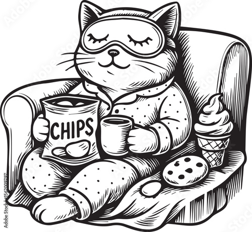 cat on the sofa with chips and ice cream