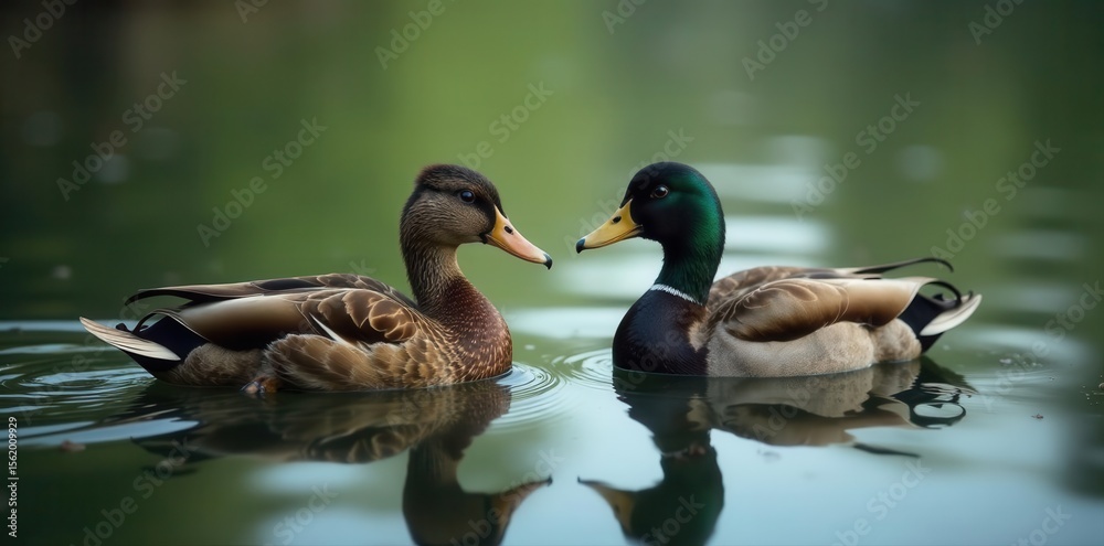 Obraz premium Serene water, elegant brown & black ducks afloat , graceful, ducks, royalty-free