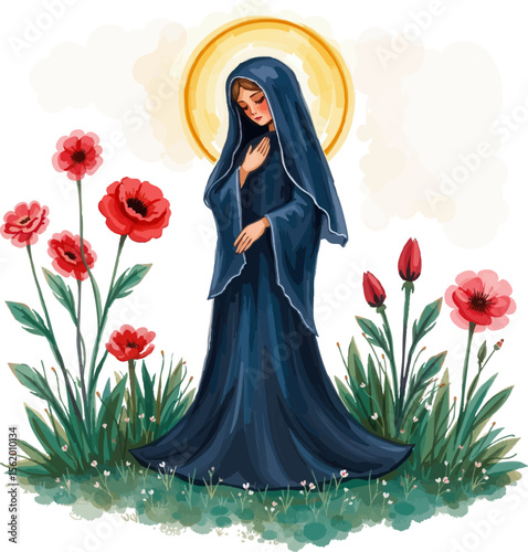 a woman in a black robe standing in a field of flowers
