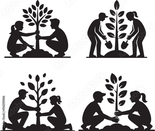 People planting trees together symbolizing teamwork and environmental care