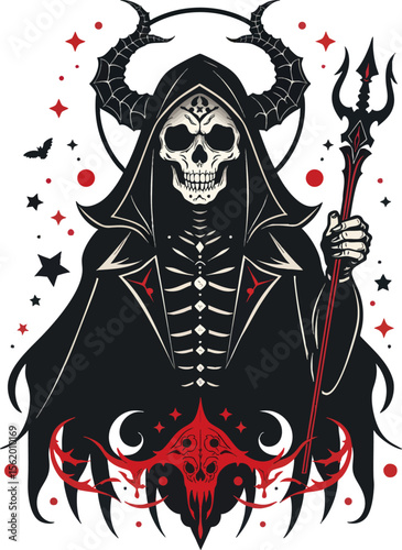 a black and white image of a skeleton holding a pitchfork