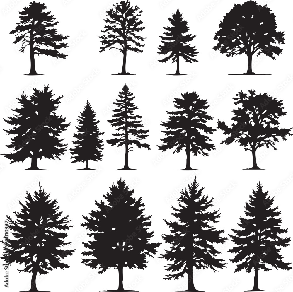 Fototapeta premium Vector EPS File Featuring 12 Unique Black Tree Silhouettes for Nature-Inspired Design, Botanical Clipart, and Illustration Projects