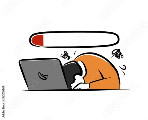 Illustration of frustrated man with low energy bar and laptop symbolizing burnout and work overload