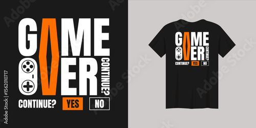 Game over t-shirt design with bold text and controller icon for gamers and video game lovers, continue screen parody style.