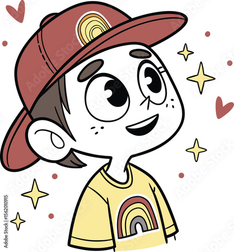 Cute Cartoon Child Illustration: Rainbow Shirt and Cap