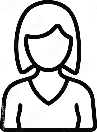 Line art illustration of a faceless female icon with short hair