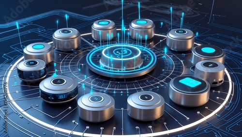 Digital Network with Futuristic Interface: A futuristic composition featuring circular technological devices arranged around a central hub, connected by luminous blue lines, showcasing a high-tech.