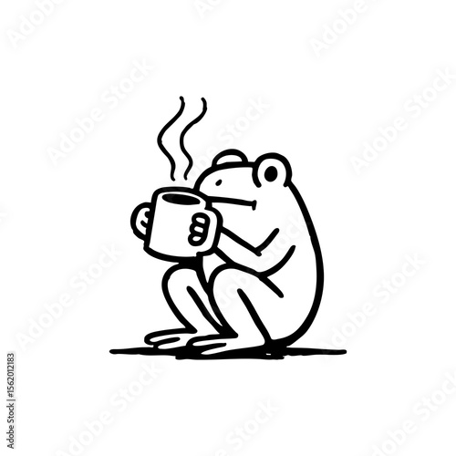 A simple black and white line drawing of a frog sitting and holding a coffee cup with steam rising from it