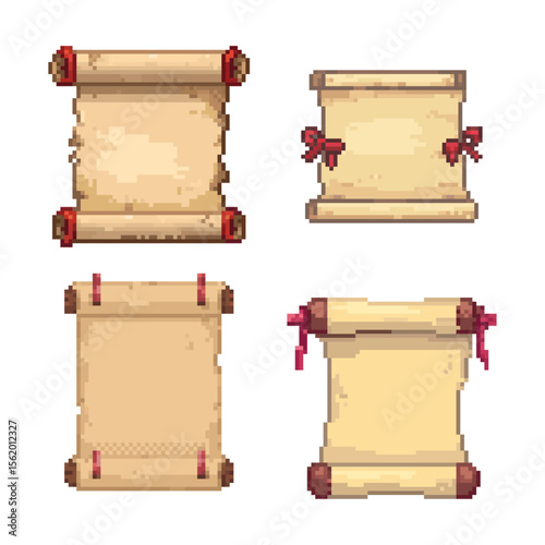 Pixel Art Scroll Collection with Ribbons, Fantasy Game Assets. Four distinct pixel art scrolls parchments, each meticulously rendered in a classic retro video game style pixel art