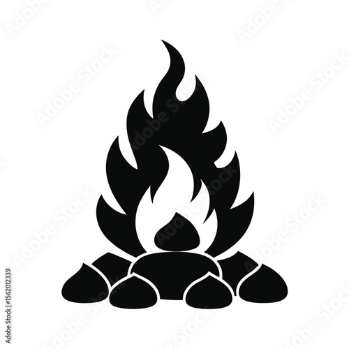 Stylized Black and White Campfire Icon,  Simple, Bold Graphic of Burning Embers and Flames, Ideal for Outdoor Recreation Branding.