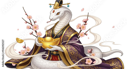 Snake deity holding a golden ingot on white background