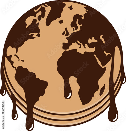 Melting earth globe with chocolate dripping down on white background