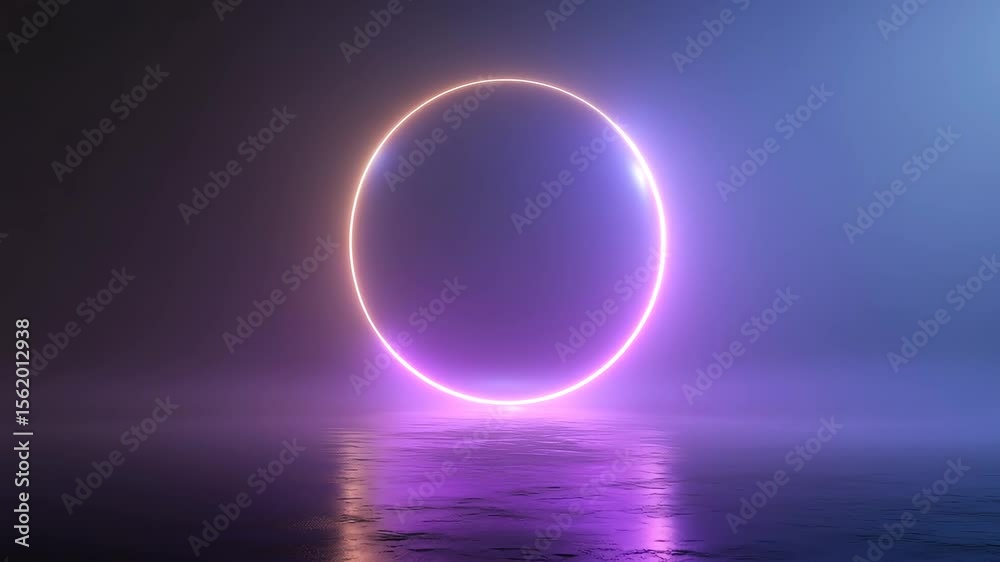 Neon glowing circle with purple light reflection water surface dark misty environment creating mysterious futuristic atmosphere glowing neon circle floating above reflective water surface with soft