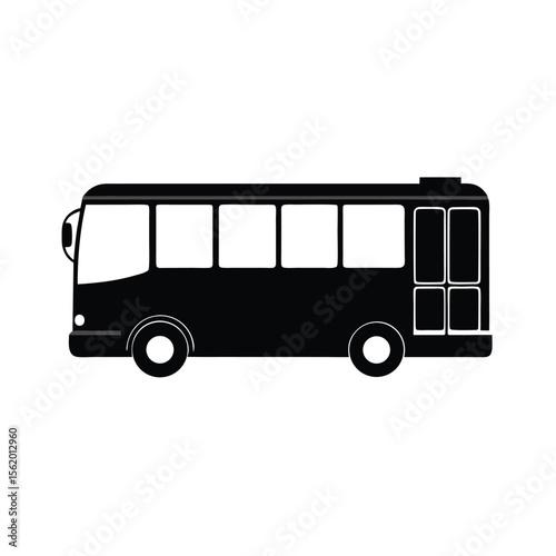 Simple Black Silhouette of a Public Transportation Bus Icon, Minimalist Design, Side View, Public Transit, Transportation, Travel, Journey, Vector Graphic, Isolated on White Background.
