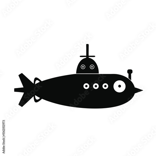 Simple Black and White Cartoon Submarine Icon,  Underwater Adventure, Nautical Theme, Childlike Playful Mood, Vector Illustration.