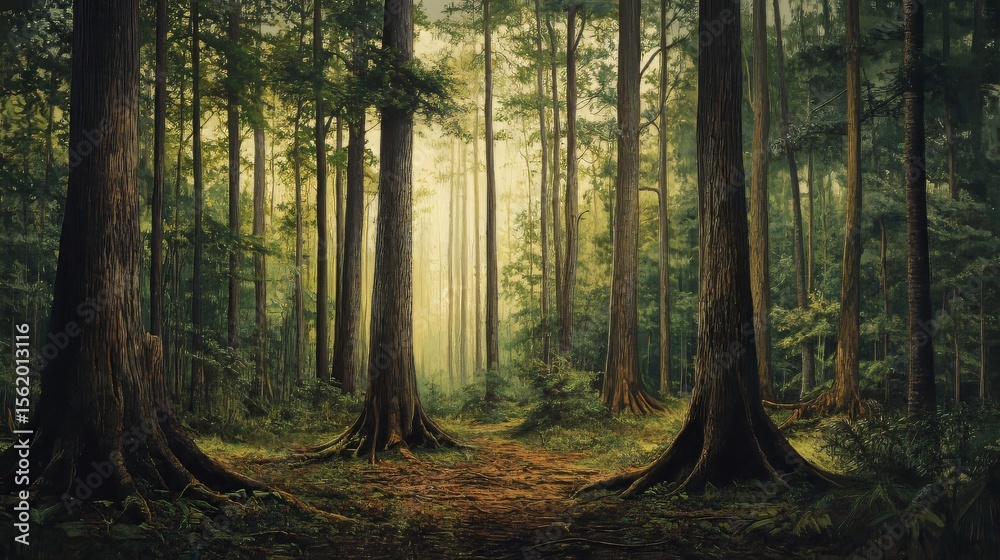 Obraz premium Old growth Longleaf Pine forest with towering trees and rich green understory