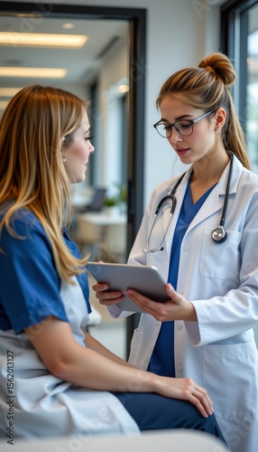 Female doctor consulting patient with medical tablet in modern clinic environment professional perspective
