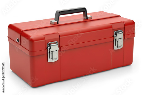 Red Toolbox with Metal Clasps and Handle Isolated on Transparent Background