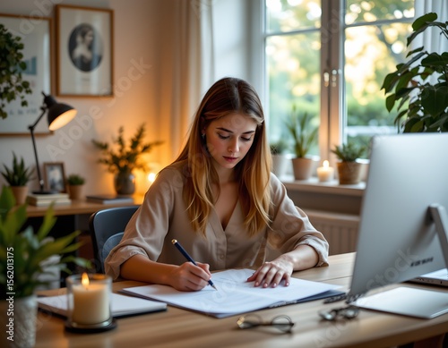 Female entrepreneur sketching business plan at home office cozy environment inspirational viewpoint