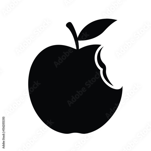 Black and white minimalist graphic of a bitten apple, simple, bold, and slightly ominous.