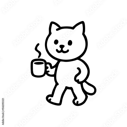 A cartoon cat holding a steaming mug