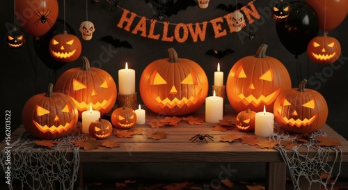 Halloween Decorations with Pumpkins and Candles