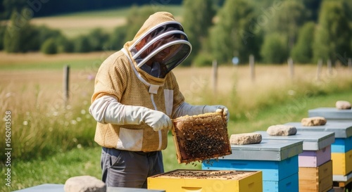 Beekeeper Working on Beehives in Rural Farm