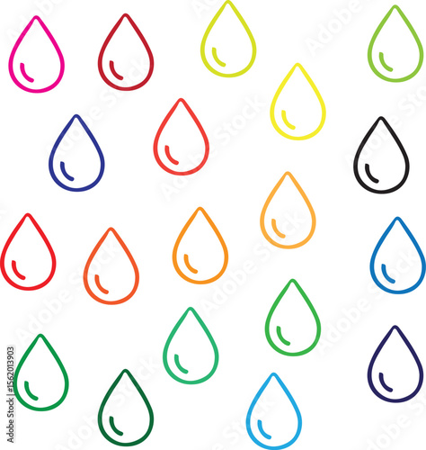 Colorful outlines of water droplets arranged on a white background