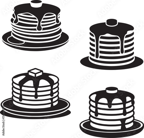Four black and white icons of pancakes with syrup and butter