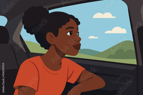 Young Black woman on a road trip, looking out the car window at the scenic landscape. Happy African American girl, a passenger on a journey. Modern flat vector cartoon illustration.