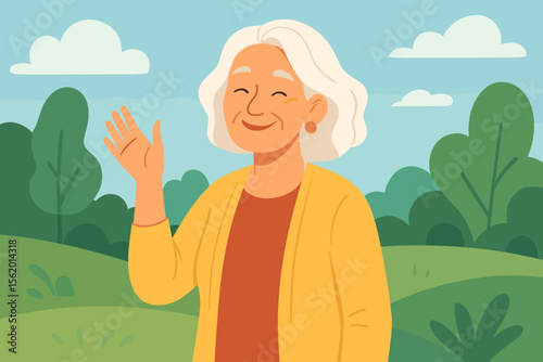 Happy senior woman waving her hand in a park. Cheerful grandmother smiling outdoors. Concept of an active elderly lifestyle and retirement. Modern flat vector cartoon illustration.