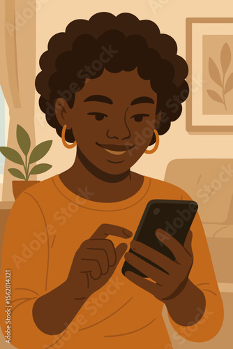 Happy young Black woman using smartphone at home. Smiling African American girl texting, scrolling social media feed or browsing online in living room. Flat vector cartoon illustration.