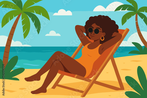 African woman relaxing on a deck chair at a tropical beach. Black girl enjoying summer vacation holiday. Seaside leisure, travel concept. Character sunbathing. Flat cartoon illustration.