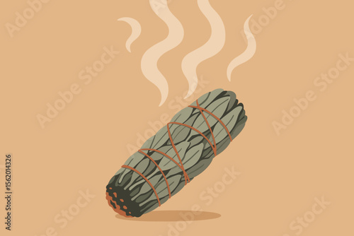 Burning sage smudge stick for spiritual cleansing ritual and meditation practice. Aromatherapy and mindfulness concept. Herbal incense for purification, healing, clearing negative energy.