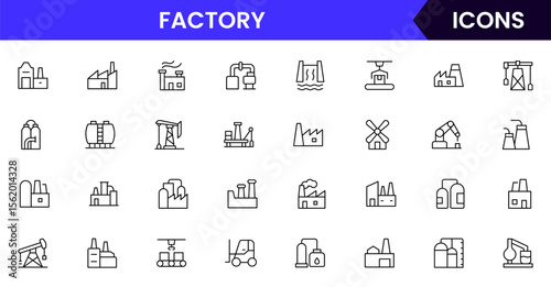 Factory vector web line icon collection, sleek illustrations of machinery, EV production, automation, and industrial tools for manufacturing designs.
