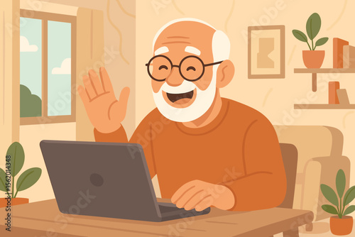 Happy senior man using laptop for a video call at home. Elderly grandfather waving and smiling while talking to family online. Remote communication and staying connected concept. Vector.