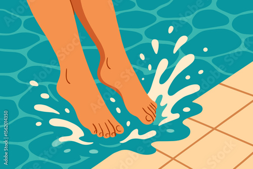 Woman's feet splashing in a swimming pool, enjoying a relaxing summer vacation. Close-up of legs dipping in cool blue water by the poolside. Modern flat cartoon vector illustration.