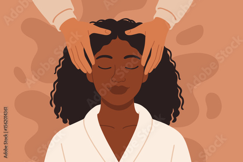 Relaxed African American woman getting a therapeutic head massage at a spa. Wellness, beauty treatment, self-care, stress relief, mindfulness, and relaxation concept illustration.