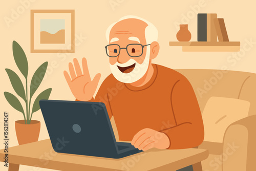 Happy senior man using laptop for video call. Cheerful grandfather waving, communicating with family online from home. Elderly person lifestyle, technology concept vector illustration.