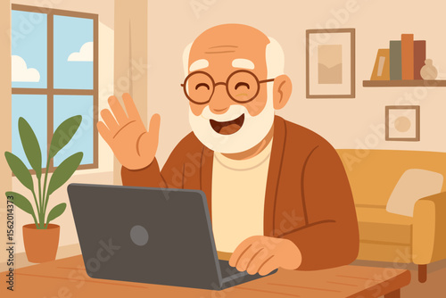 Happy elderly senior man waving hand during video call on laptop at home. Cheerful grandfather communicating online with family. Modern flat cartoon vector illustration concept.