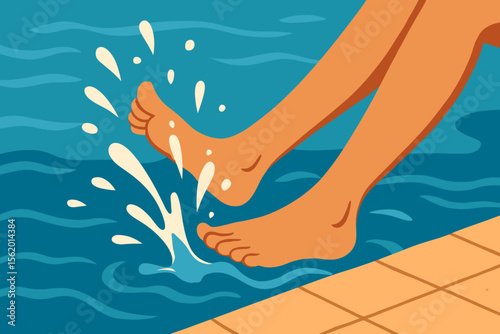 Relaxing by the pool. Close up of bare feet splashing in cool blue water on a hot summer day. Holiday leisure activity. Summer vacation background. Flat vector illustration.