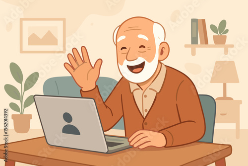 Happy elderly man on video call with family using laptop at home. Smiling senior grandfather waving hand during online chat. Modern flat cartoon vector illustration concept.