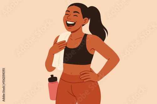 Happy athletic woman laughing after gym workout. Joyful girl in sportswear feeling satisfied post-training. Healthy lifestyle, wellness and positive emotion concept. Flat vector.