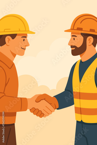 Construction deal handshake concept. Two builders or engineers in hard hats agreeing on a contract. Teamwork, partnership success in the building industry. Vector illustration.