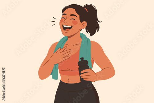 Happy fit woman laughing after gym workout. Joyful female athlete enjoying post-exercise endorphin rush. Healthy lifestyle concept. Modern flat vector cartoon character illustration.